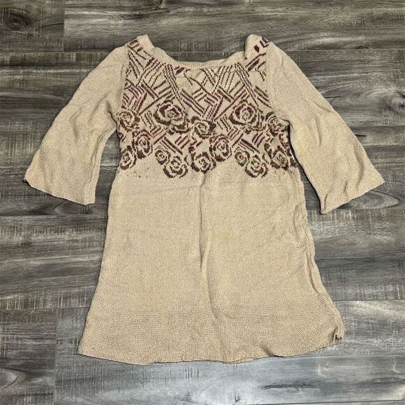 Free People XS Beige Boho Knit Bell Sleeve Tunic Dress Red Rose Floral - Picture 2 of 6
